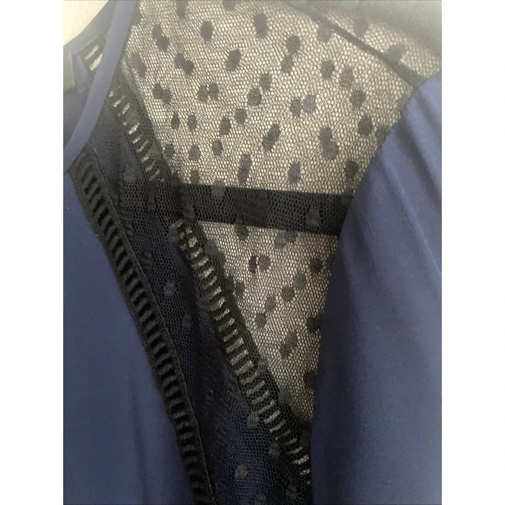 EUC J Crew Silk Blouse Dark Blue Black Polka Dot Mesh Women's Size‎ 14